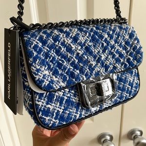 Original Karl Lagerfeld Paris Agyness Tweed Shoulder Bag Chain Blue, New